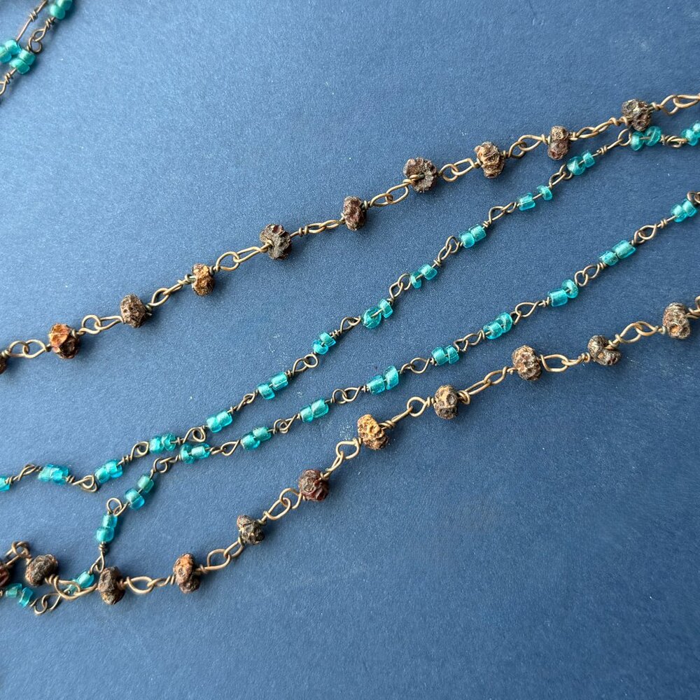 Lot of 2 Vintage 1980s Seed and Bead Layering Necklaces Turquoise Brown Boho